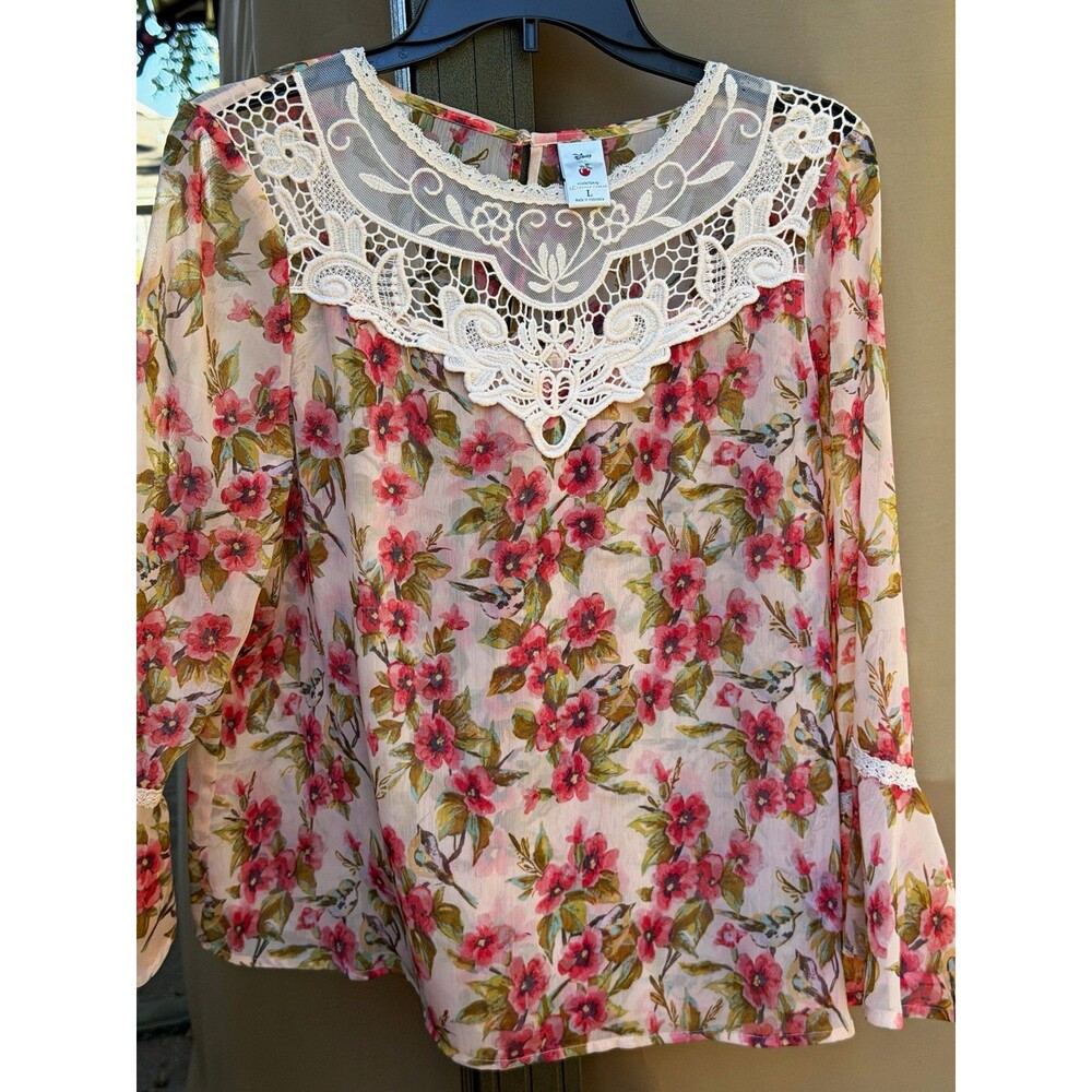 LC Lauren Conrad Snow White Floral Lace Yoke Chiffon Sheer 3/4 Blouse L